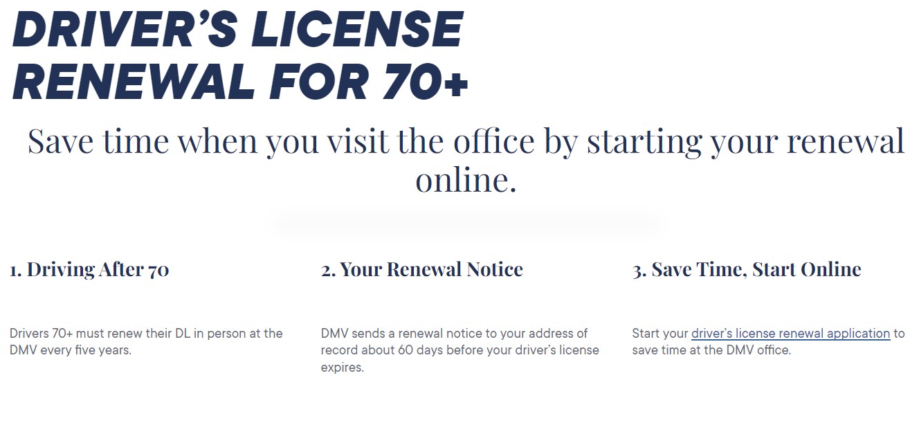 미국 캘리포니아주 차량관리국(DMV)의 70세 이상 운전면허 갱신 안내 화면 캡처