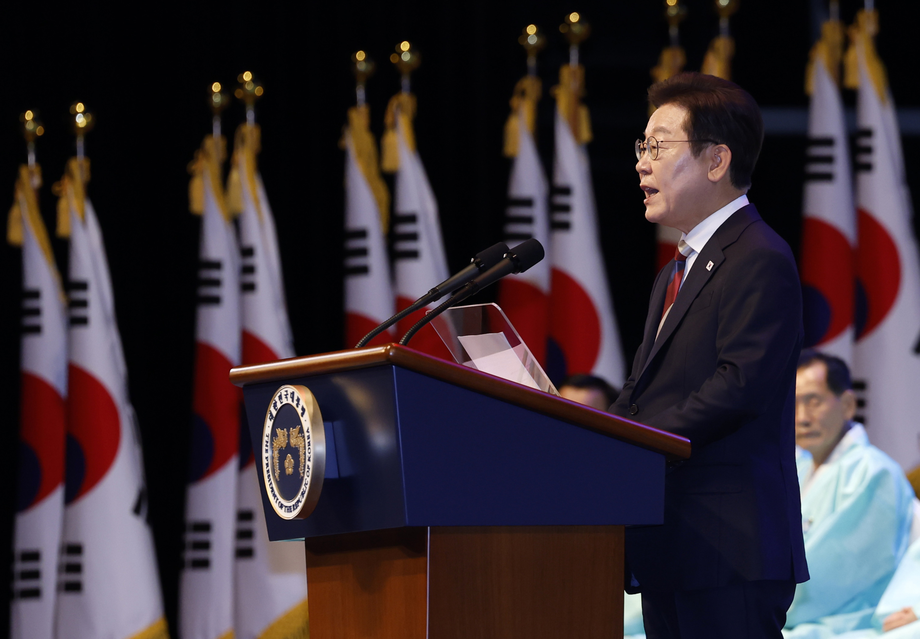 이재명 대통령이 80주년 광복절 경축식에서 경축사를 하고 있다. [연합뉴스]