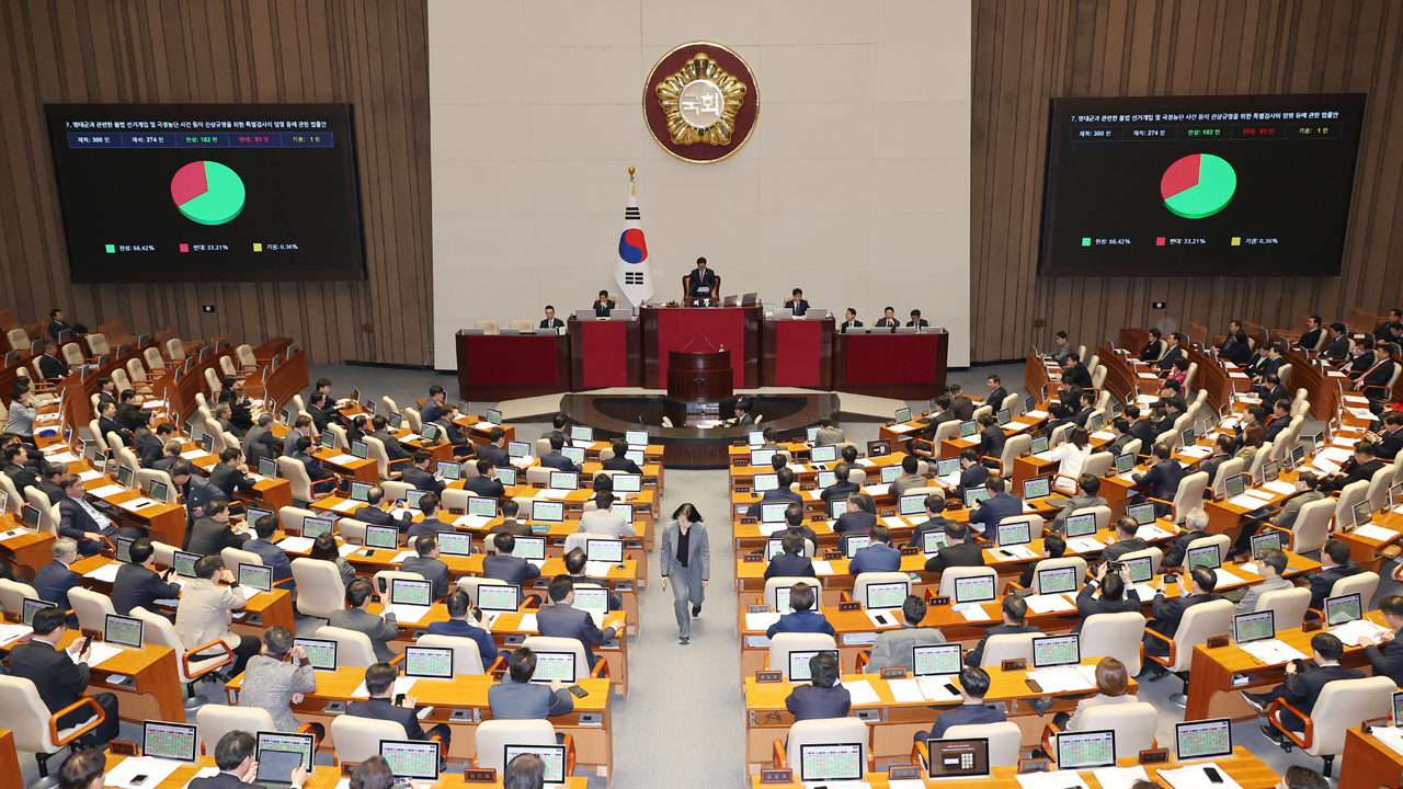 [속보] ‘명태균 특검법’ 국회 본회의 통과…<br>찬성 182명·반대 91명·기권 1명