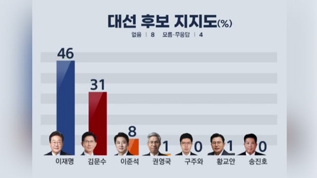 대선후보 지지도…이재명 46%·김문수 31%·이준석 8% [여론조사]